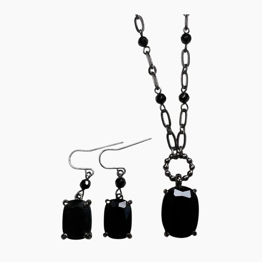 Necklace Earring Set Pierced Dangle Black Faceted Oval Stone Gunmetal Collar